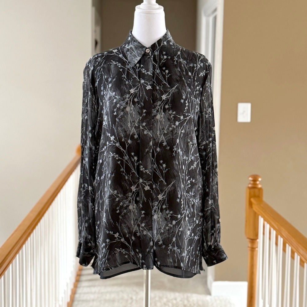 Liz Claiborne Collection Black Floral Silk Blouse Lined Long Sleeve Top Size 12